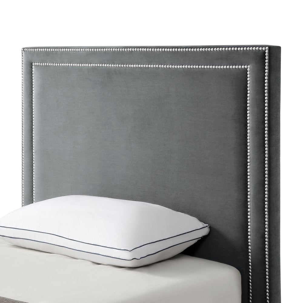 Gray Solid Wood King Upholstered Velvet Bed with Nailhead Trim