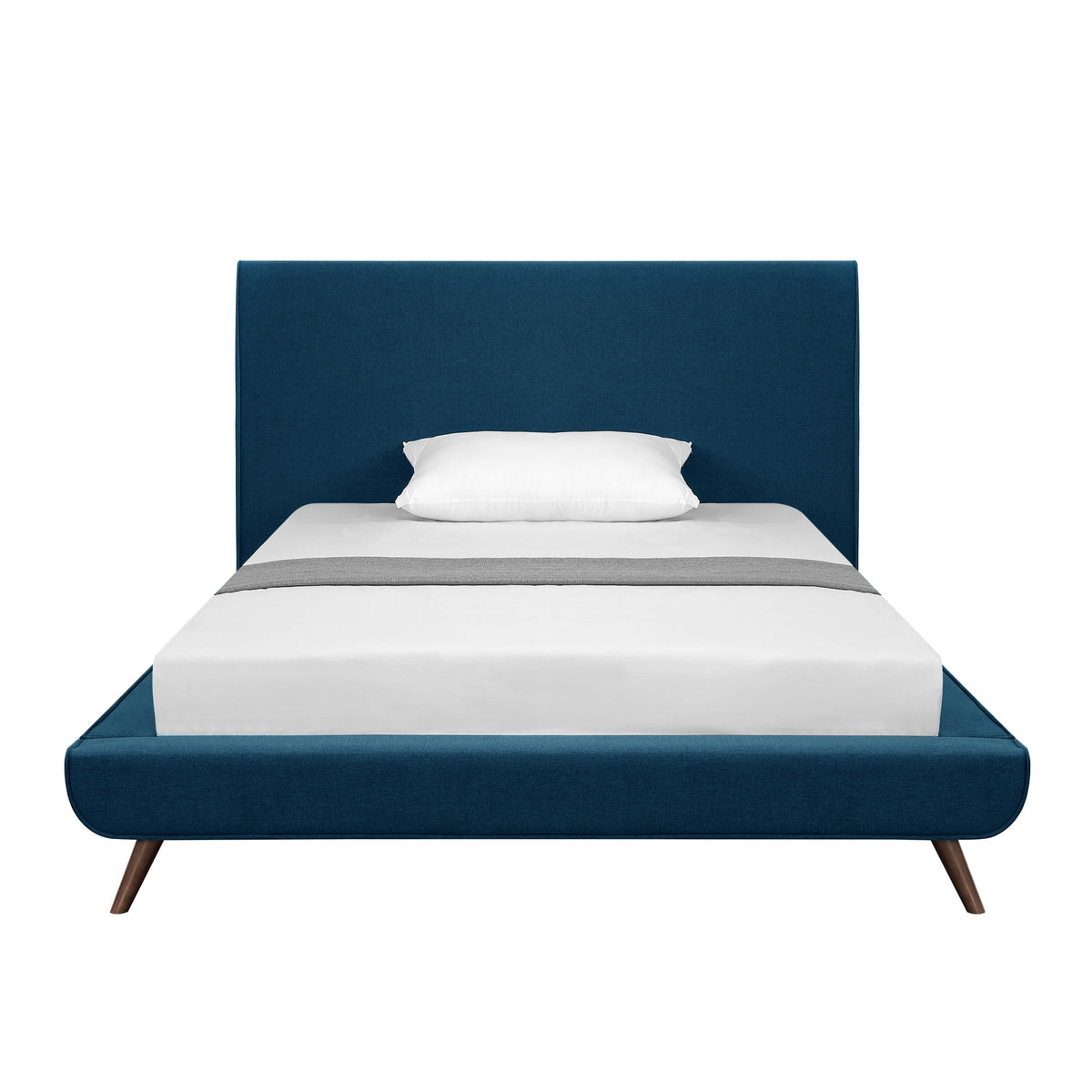 Denim Blue Solid Wood Full Upholstered Linen Bed