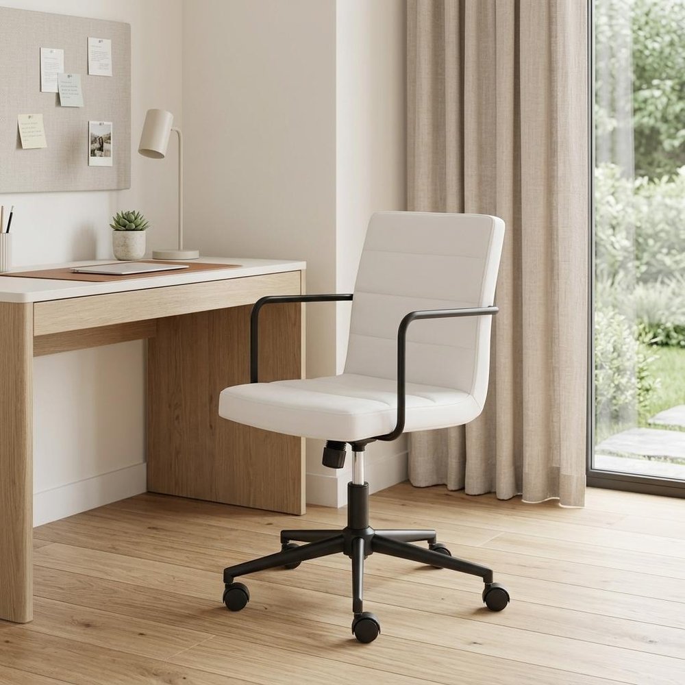 White and Black Steel and Faux Leather Adjustable Swivel Rolling Office Chair