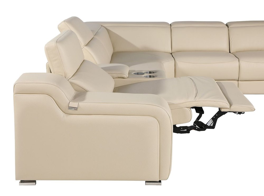 Beige Italian Leather Power Reclining Curved Eight Piece Corner Sectional With Console