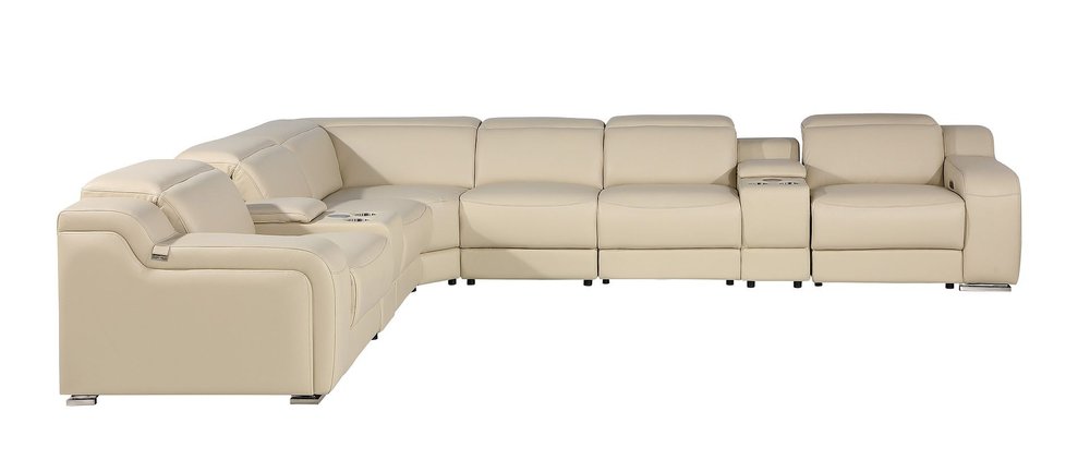 Beige Italian Leather Power Reclining Curved Eight Piece Corner Sectional With Console
