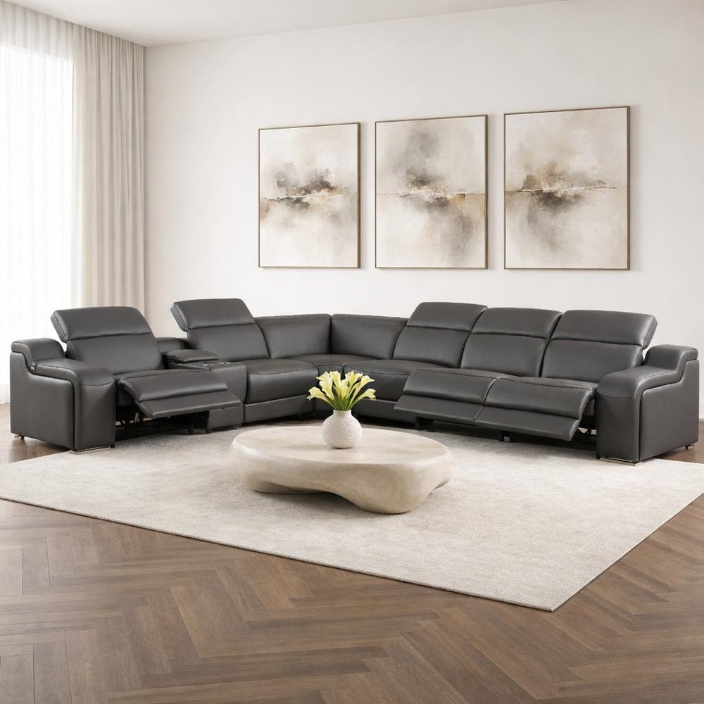 Gray Italian Leather Power Reclining Curved Seven Piece Corner Sectional With Console