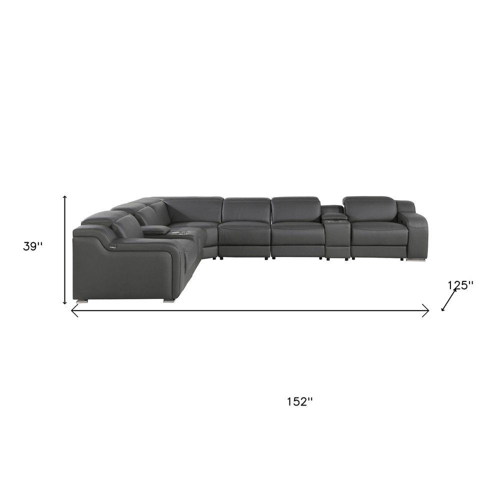 Gray Italian Leather Power Reclining Curved Eight Piece Corner Sectional With Console