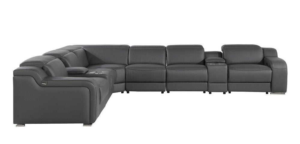 Gray Italian Leather Power Reclining Curved Eight Piece Corner Sectional With Console