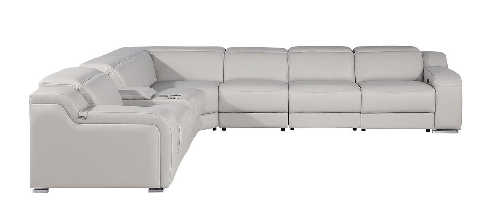 Light Gray Italian Leather Power Reclining Curved Seven Piece Corner Sectional With Console