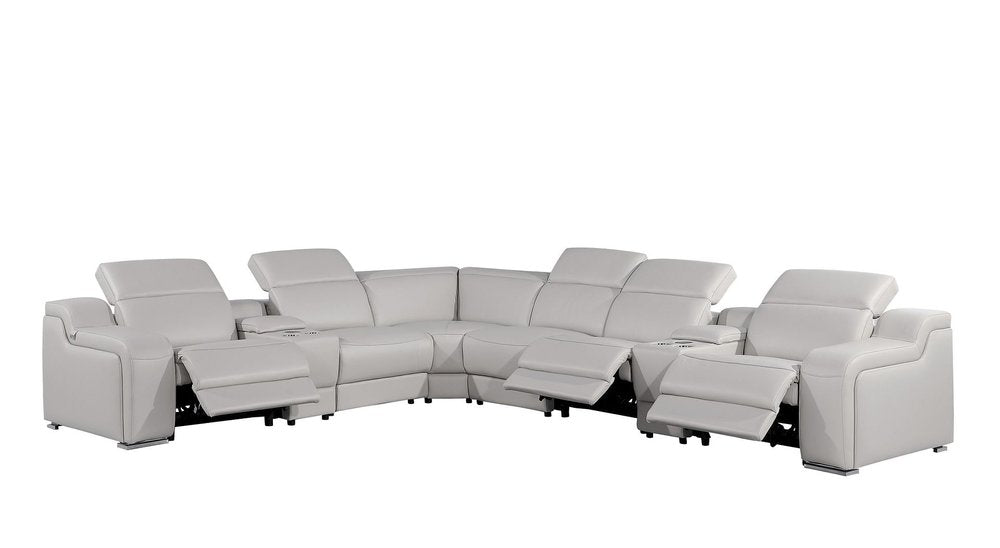 Light Gray Italian Leather Power Reclining Curved Eight Piece Corner Sectional With Console