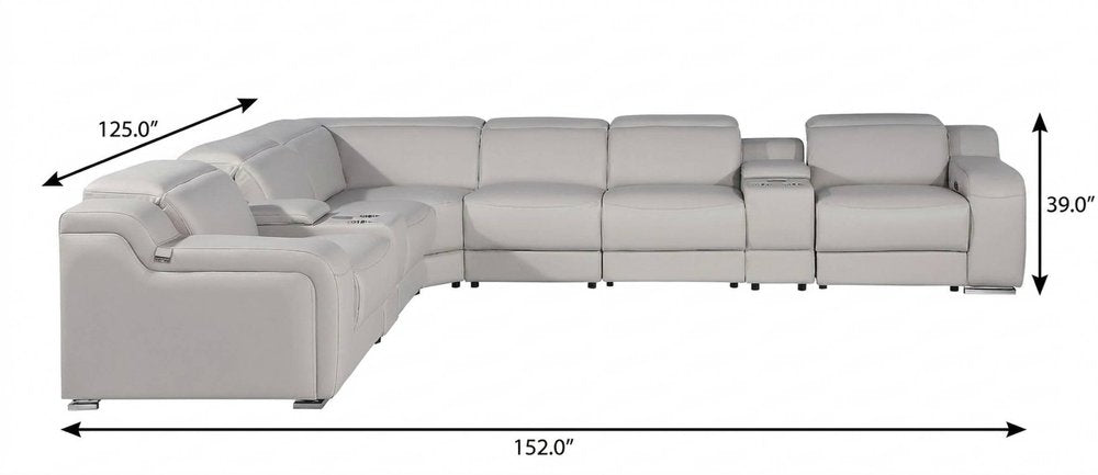 Light Gray Italian Leather Power Reclining Curved Eight Piece Corner Sectional With Console
