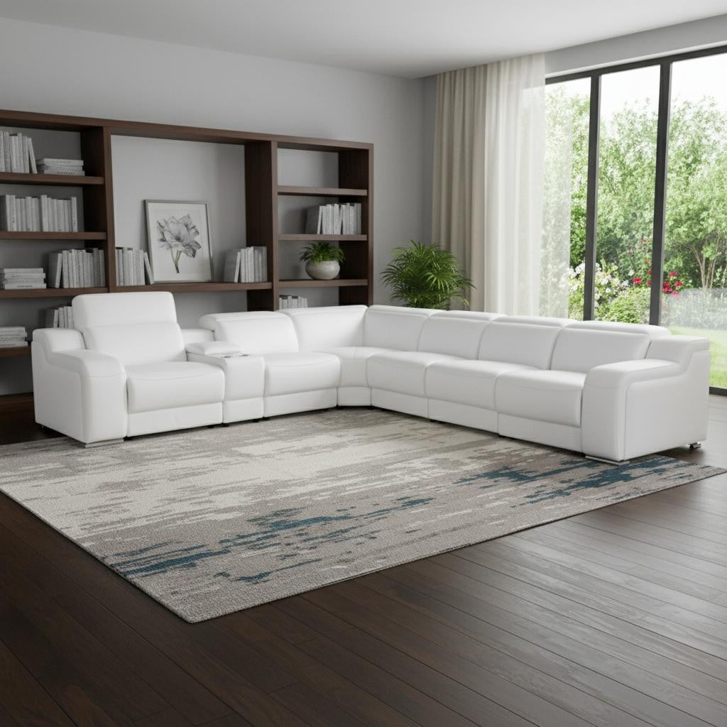 White Italian leather 4 power reclining seats L shaped Seven Piece Corner Sectional With Console