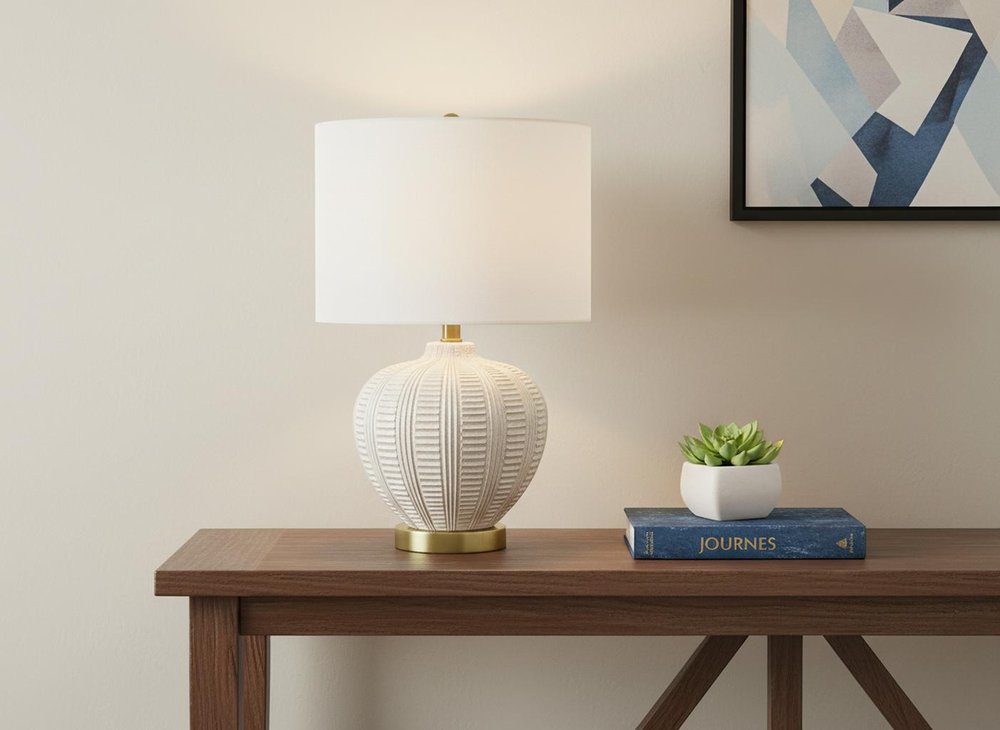 21" Gold and White Urn Table Lamp With Ivory Drum Shade