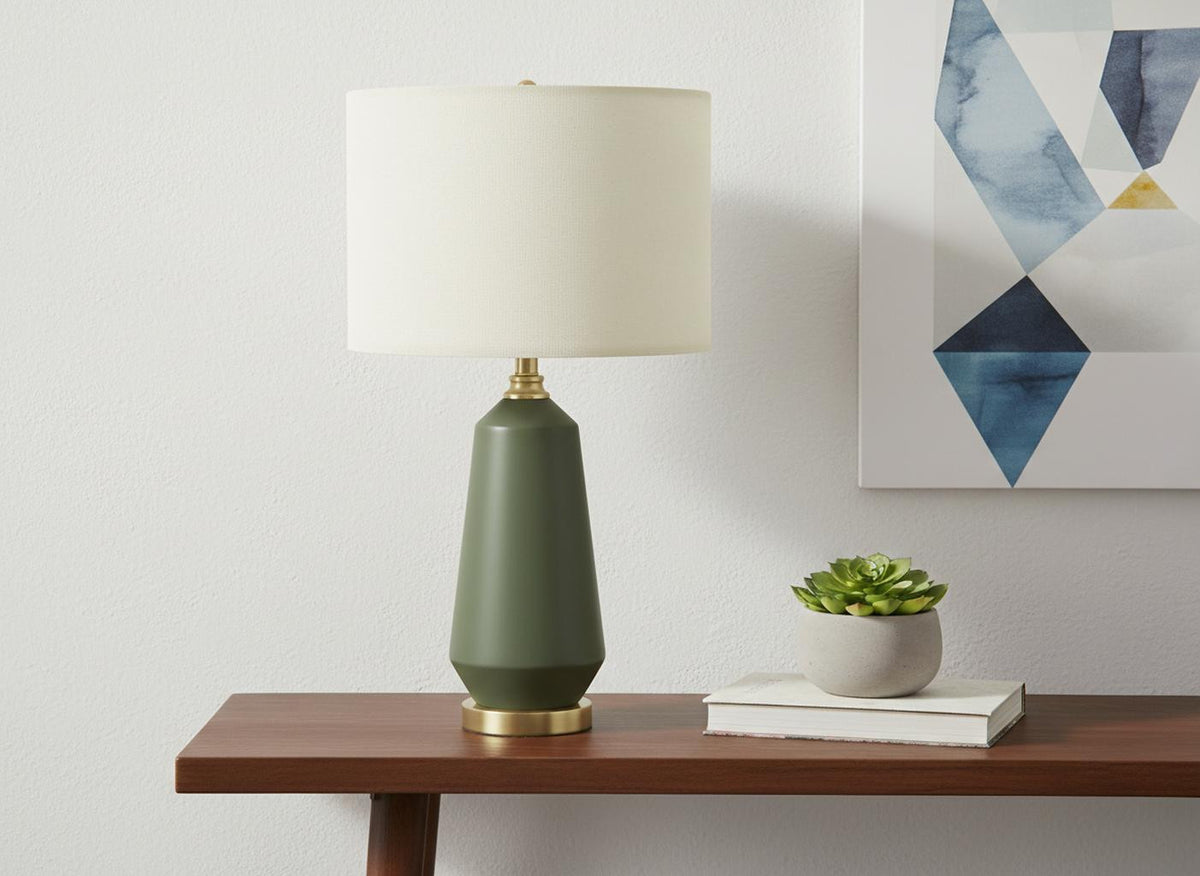 26" Green Ceramic Geometric Table Lamp With Ivory Drum Shade