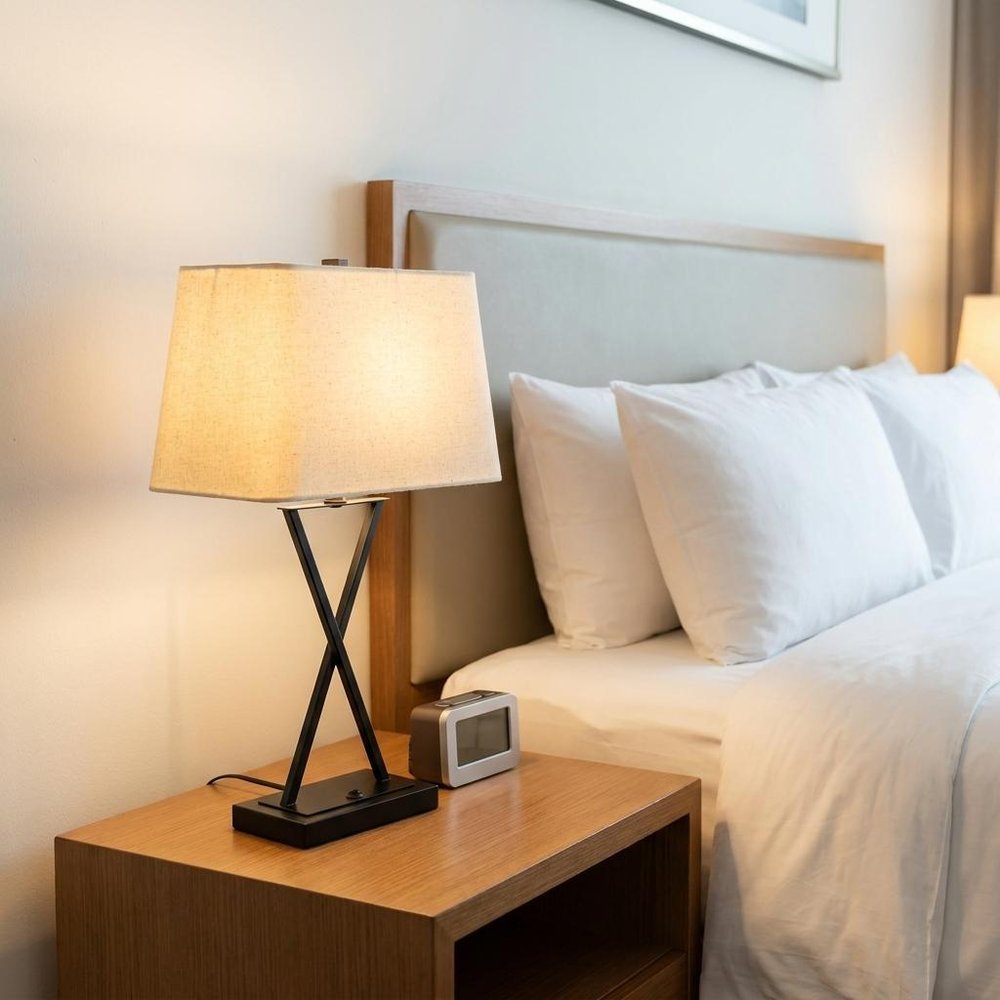 25" Black Metal Geometric USB Table Lamp With Beige Shade
