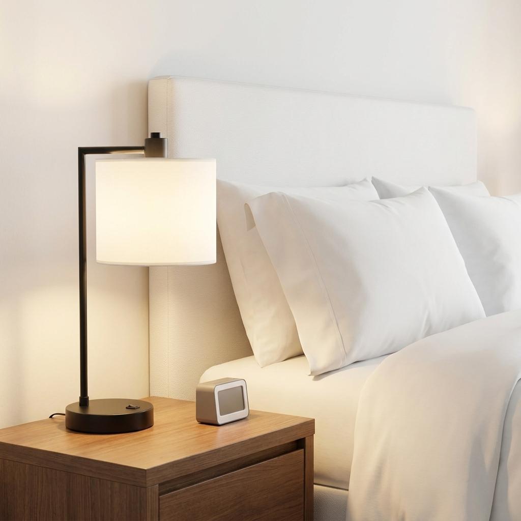 19" Black Metal Round USB Table Lamp With Ivory Drum Shade