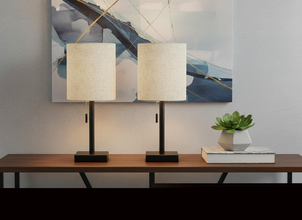 Set of Two 17" Black Metal Candlestick USB Table Lamps With Beige Drum Shade