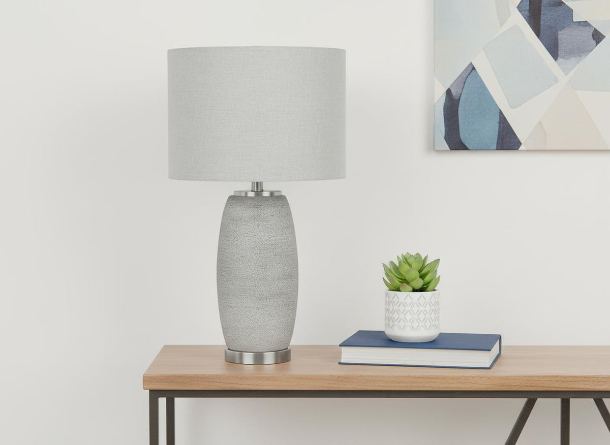 25" Gray and Silver Ceramic Cylinder Table Lamp With Gray Drum Shade