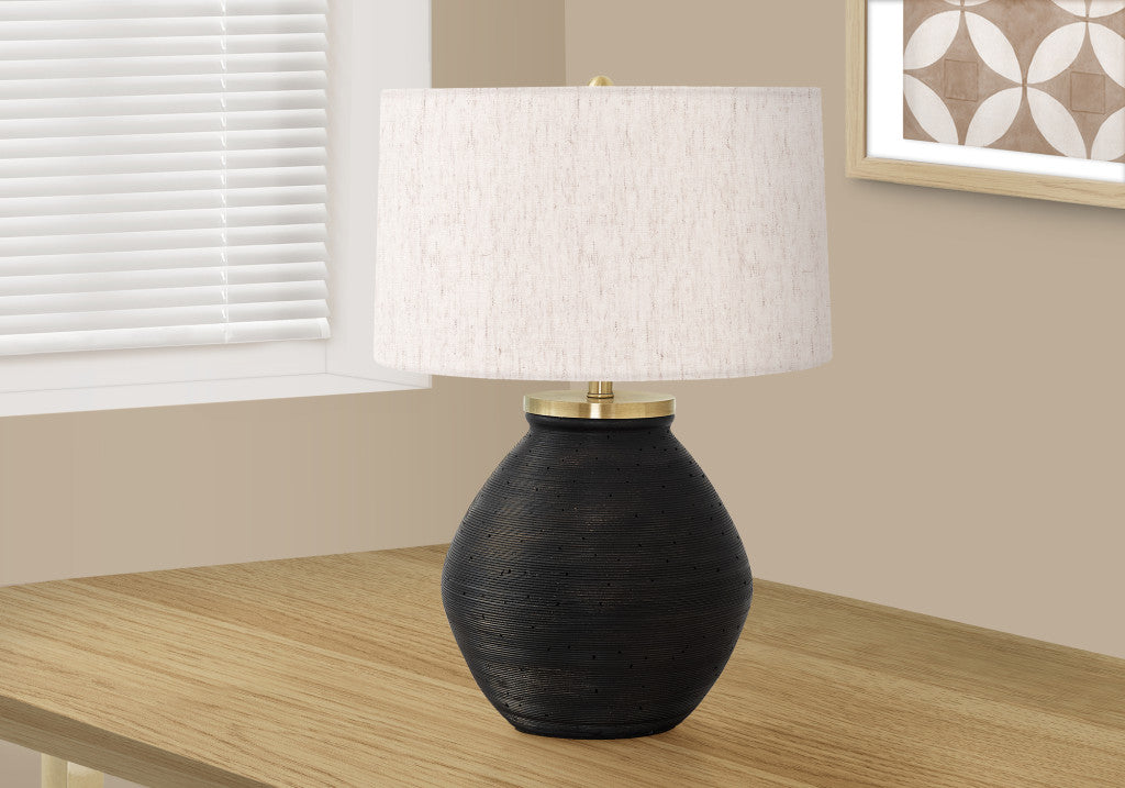 25" Black and Gold Concrete Round Table Lamp With Ivory Drum Shade