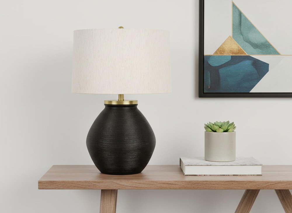 25" Black and Gold Concrete Round Table Lamp With Ivory Drum Shade