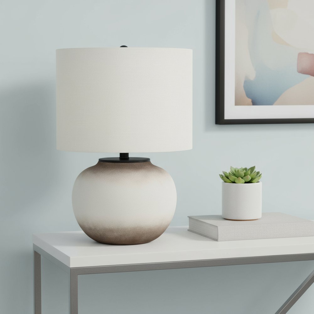 21" Cream Ceramic Round Table Lamp With Cream Drum Shade