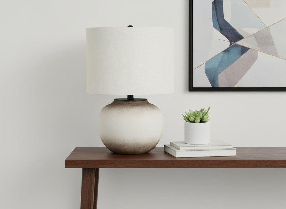 21" Cream Ceramic Round Table Lamp With Cream Drum Shade