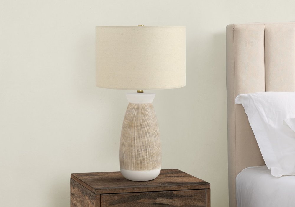 27" Brown and White Ceramic Round Table Lamp With Beige Drum Shade