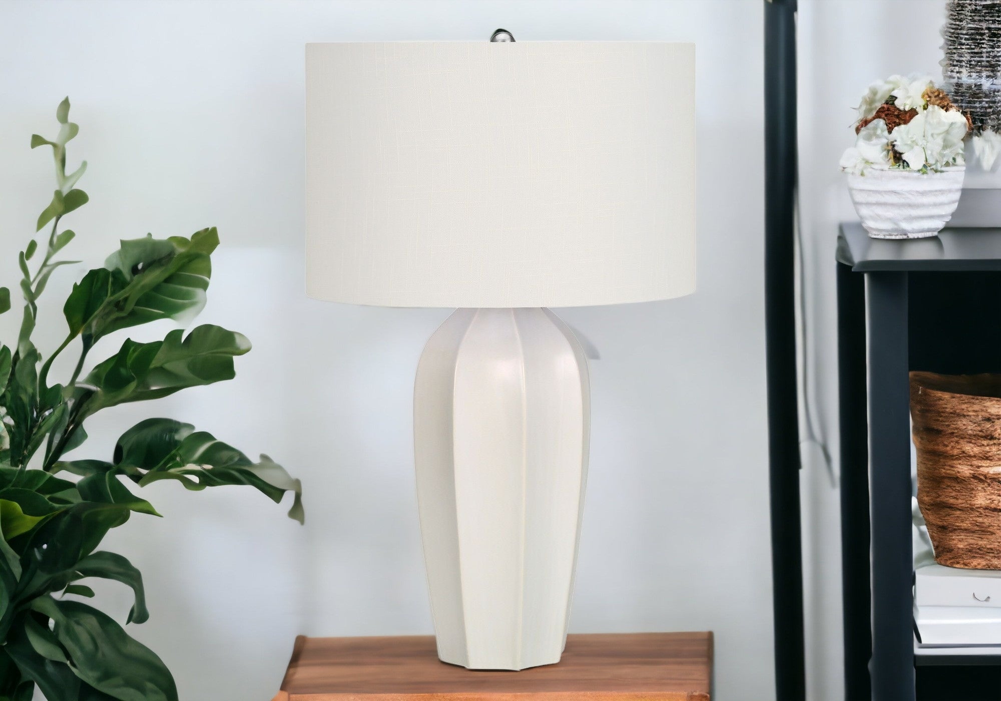 27" Cream Ceramic Geometric Table Lamp With Cream Drum Shade