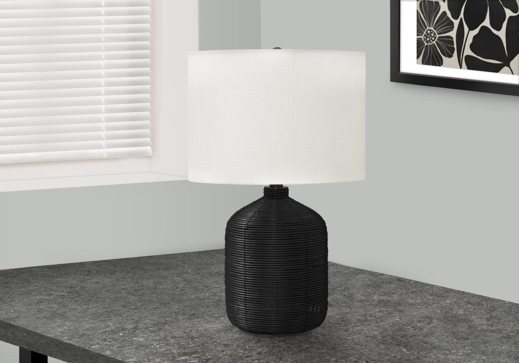 23" Black Rattan Round Table Lamp With Ivory Drum Shade