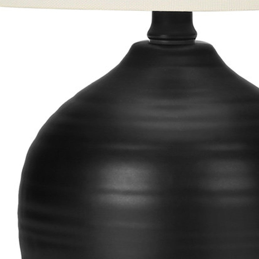 17" Black Ceramic Round Table Lamp With Ivory Drum Shade
