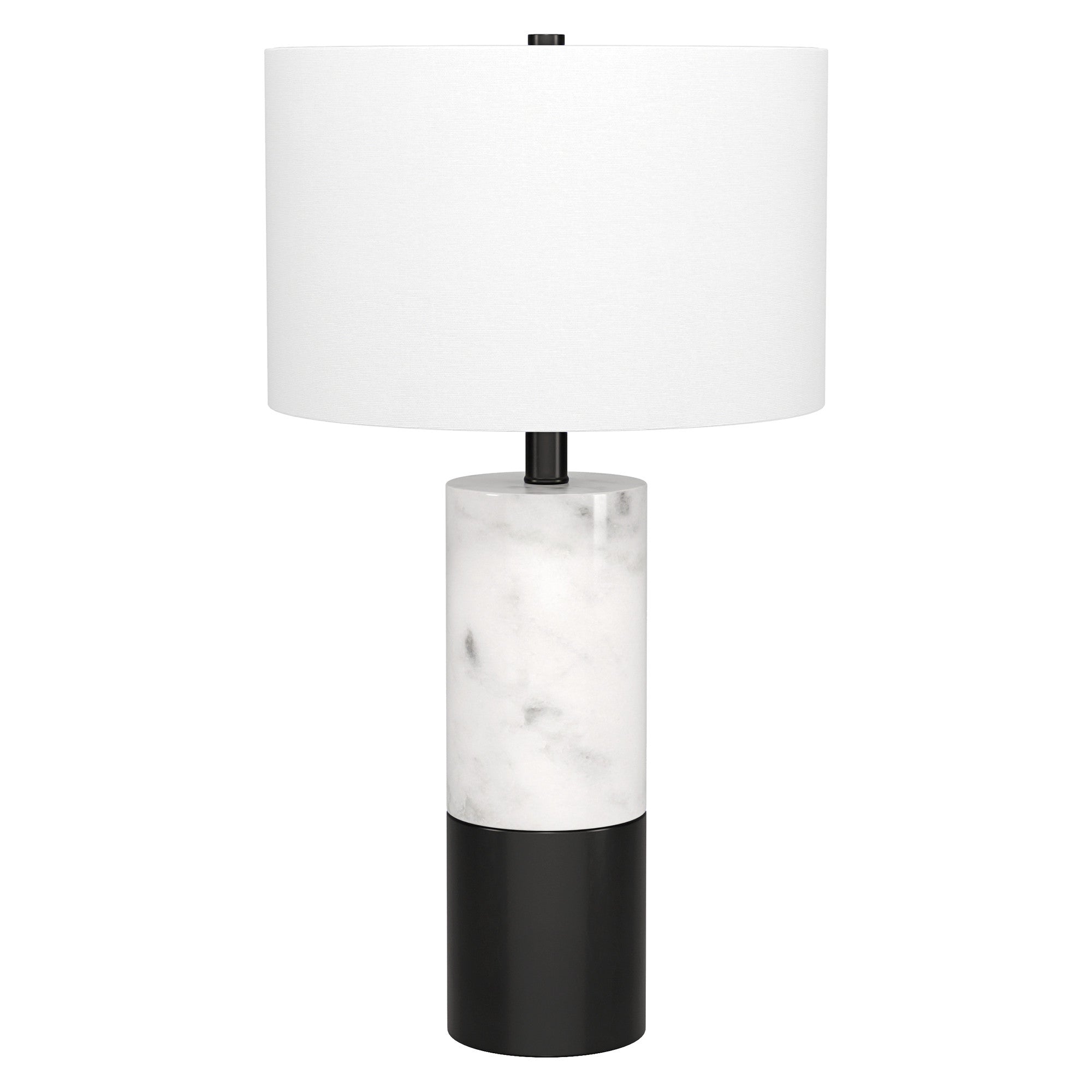 24" Black and White Marble and Metal Cylinder Table Lamp With White Drum Shade