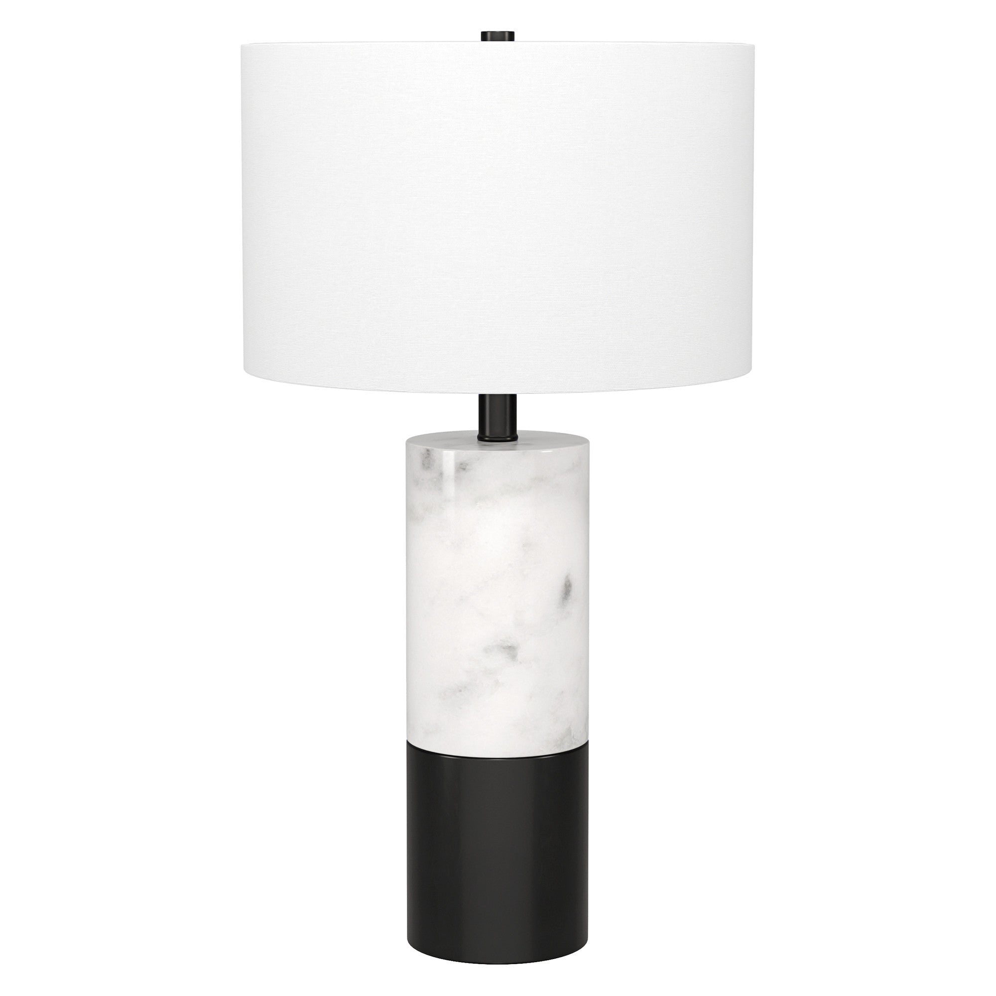 24" Black and White Marble and Metal Cylinder Table Lamp With White Drum Shade