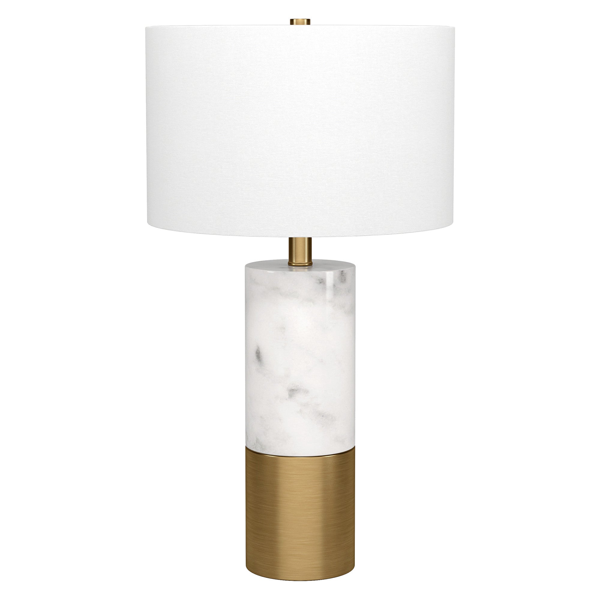 24" White and Gold Marble and Metal Cylinder Table Lamp With White Drum Shade