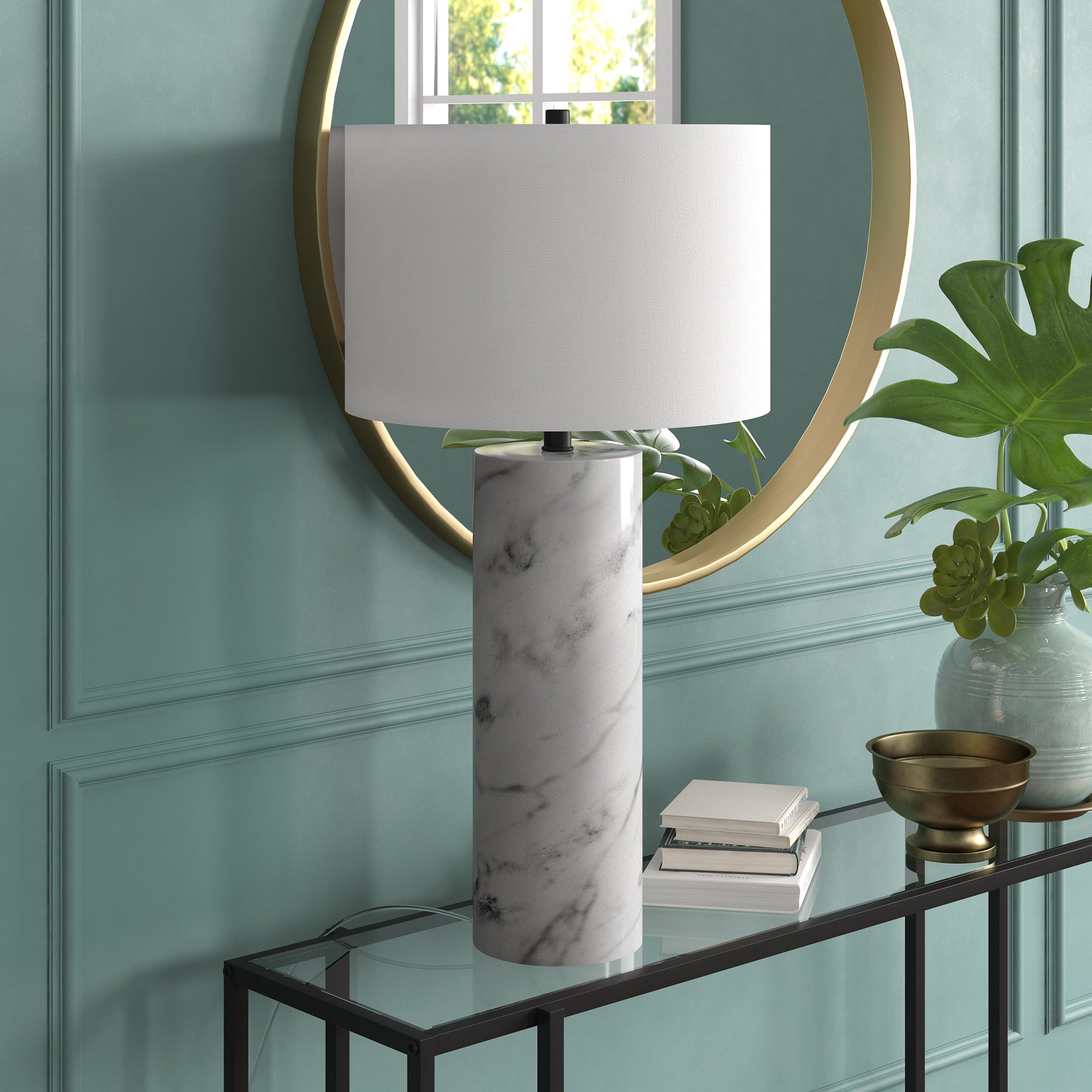 30" White Marble Cylinder Table Lamp With White Drum Shade