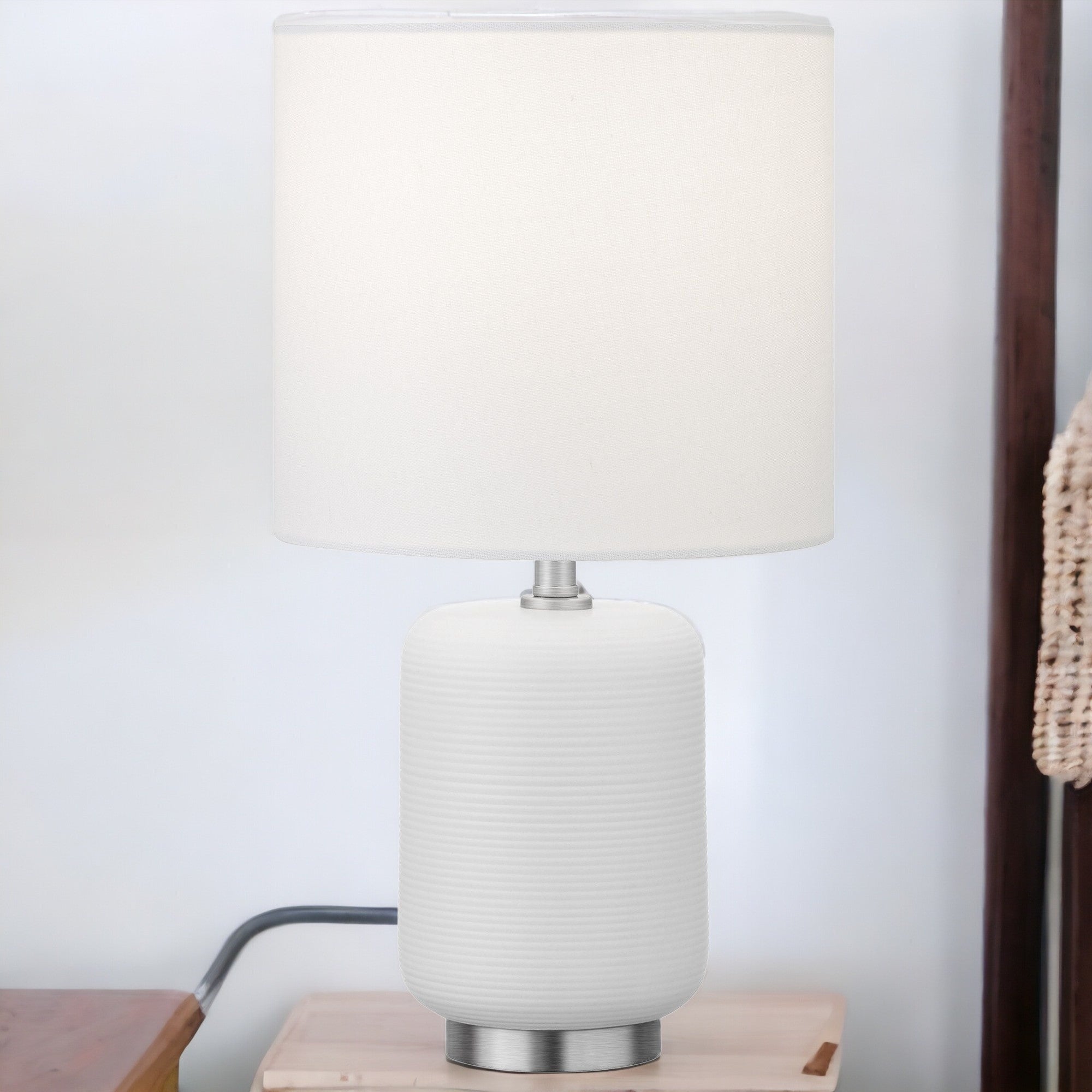15" White and Silver Ceramic Cylinder Table Lamp With White Drum Shade