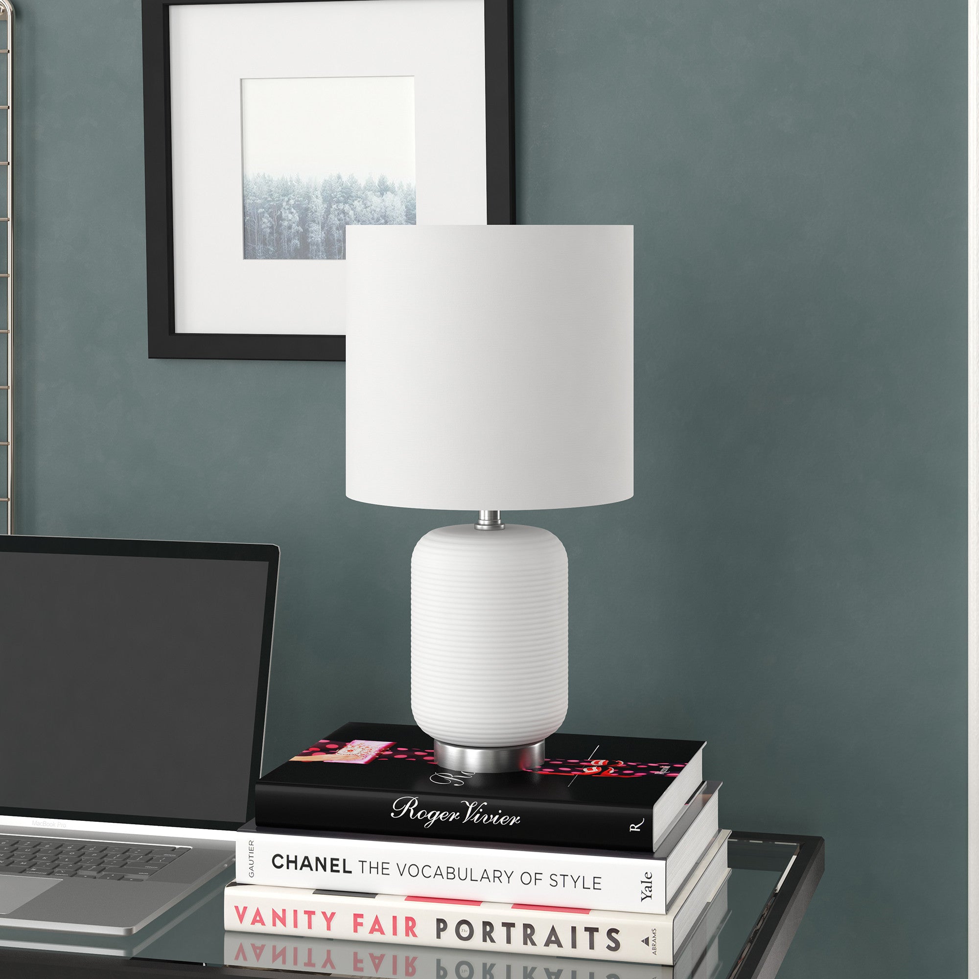 15" White and Silver Ceramic Cylinder Table Lamp With White Drum Shade