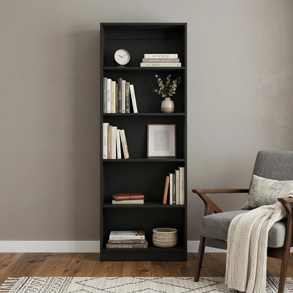 71" Black Wood Five Tier Bookcase
