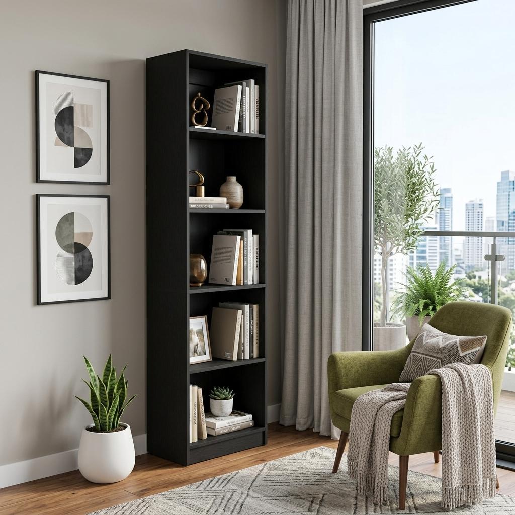 70" Black Wood Five Tier Bookcase