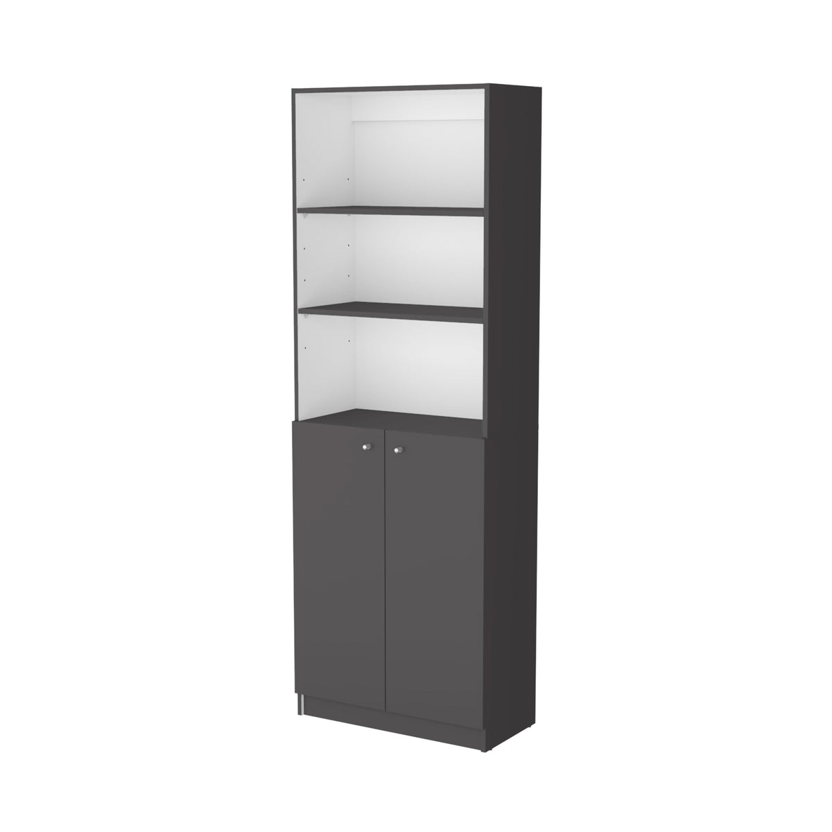 71" Gray And White Wood Three Tier Bookcase with Two Doors