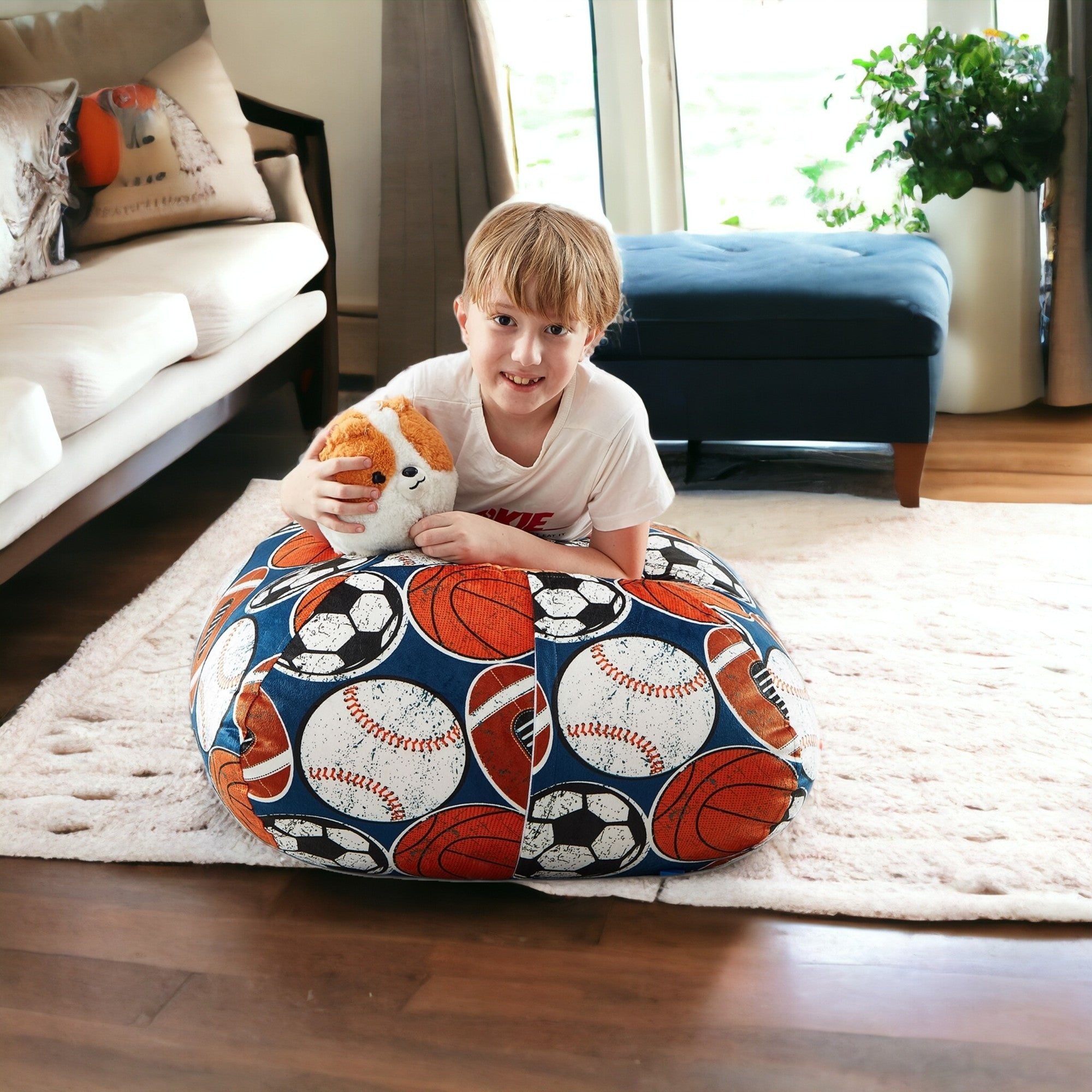 32" Blue and White Microfiber Round Sports Pouf Cover