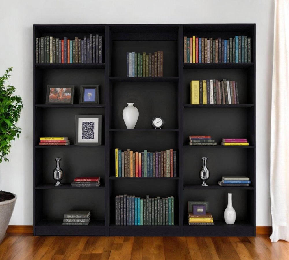 Set of Three Black Wood Four Tier Bookcases