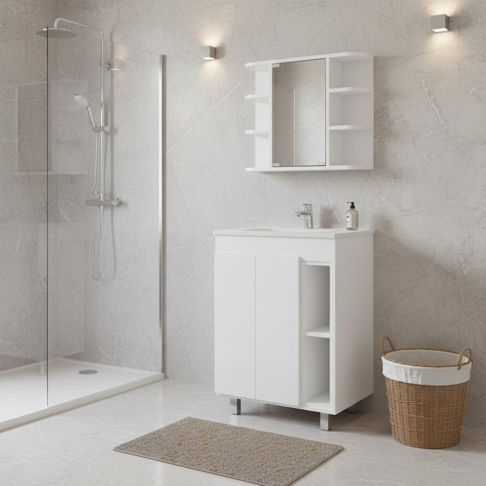 24" White Wood Freestanding Bathroom Vanity With Sink And Medicine Cabinet With Mirror
