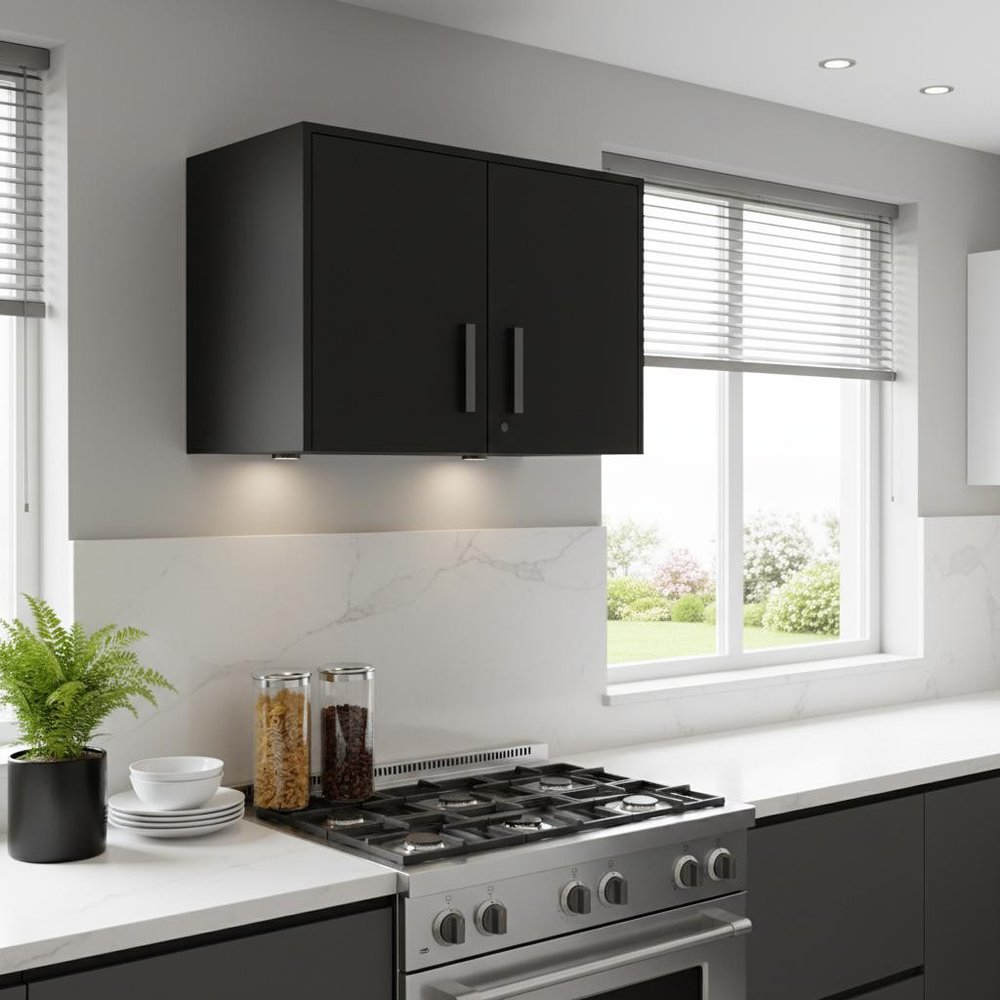 28" Black Wall mounted Accent Cabinet With Seven Shelves And Six Drawers