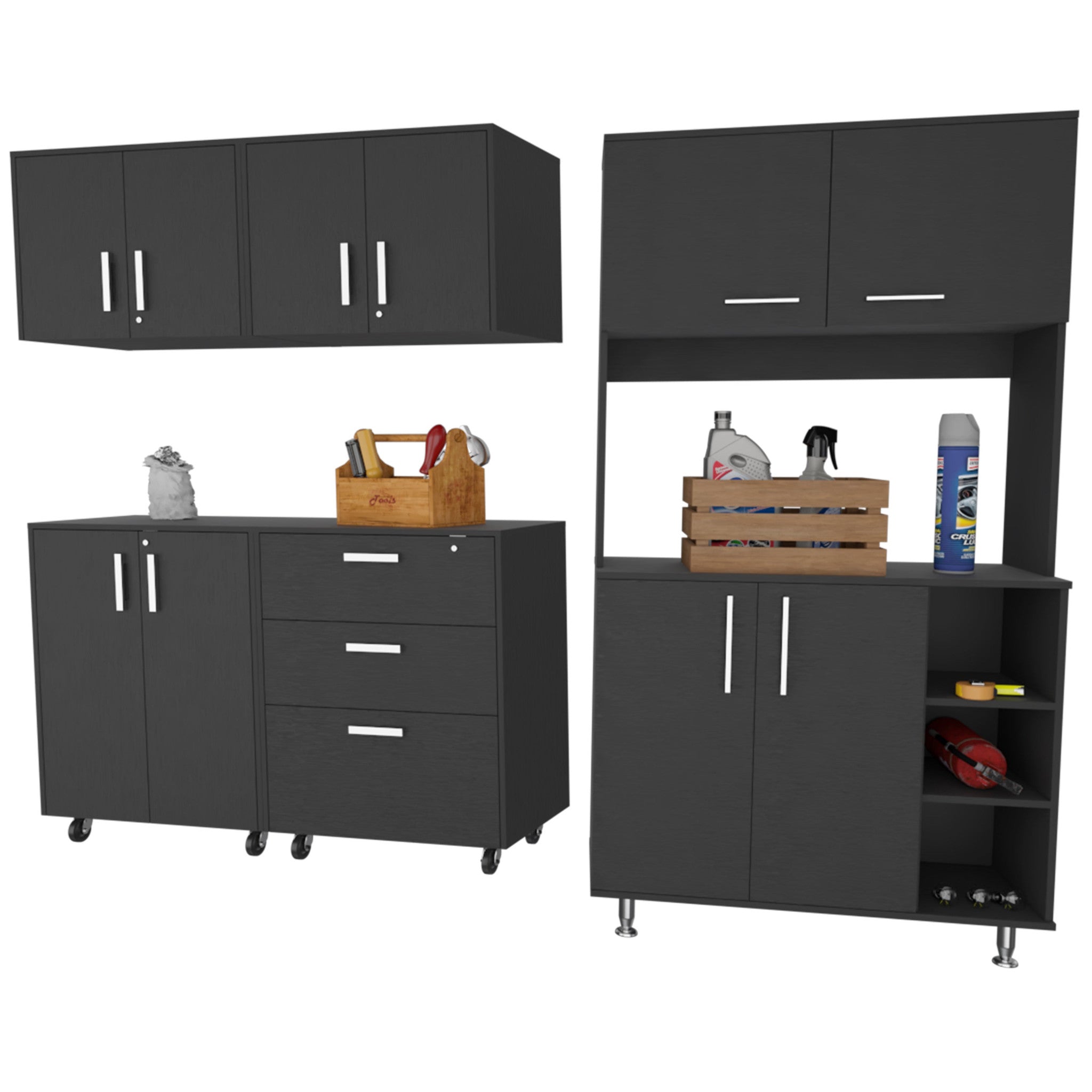 28" Black Wall mounted Accent Cabinet With Nine Shelves And Three Drawers