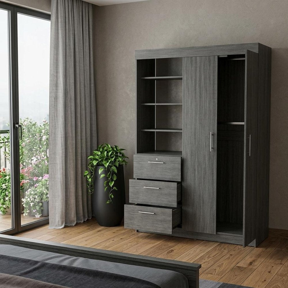 79" Gray Wood Two Door Three Drawer Combo Dresser
