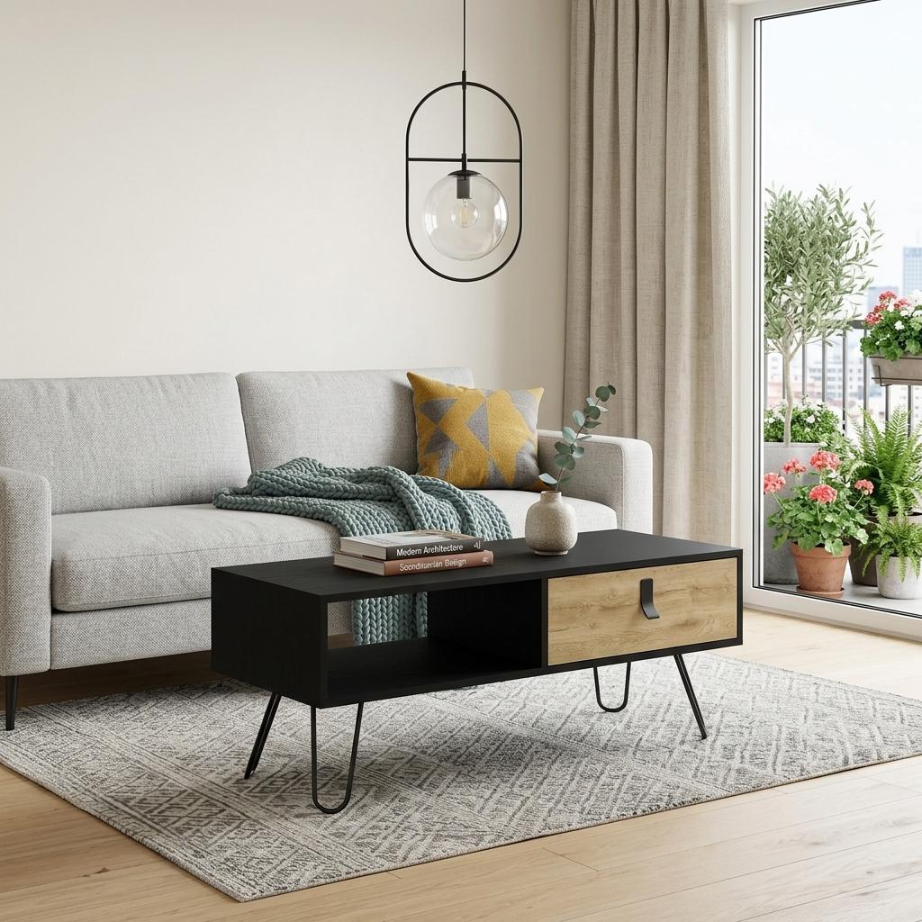 41" Black and Oak Wood and Metal Coffee Table With Drawer And Shelf