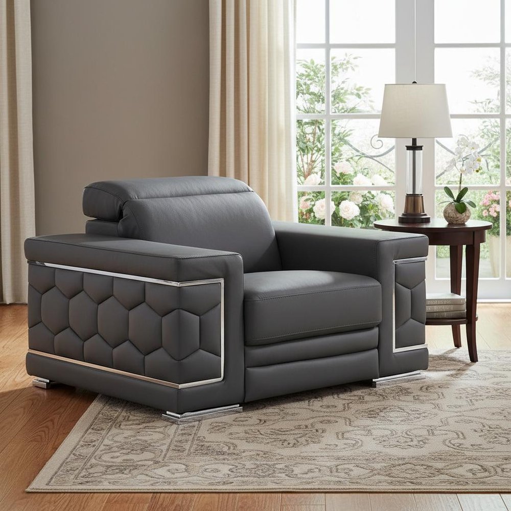 47" Beige and Silver Genuine Leather Club Chair
