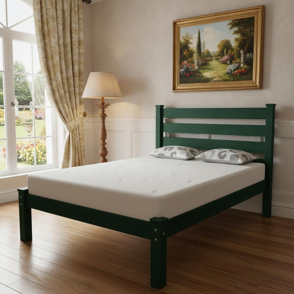 Dark Green Solid Wood Queen Bed Frame