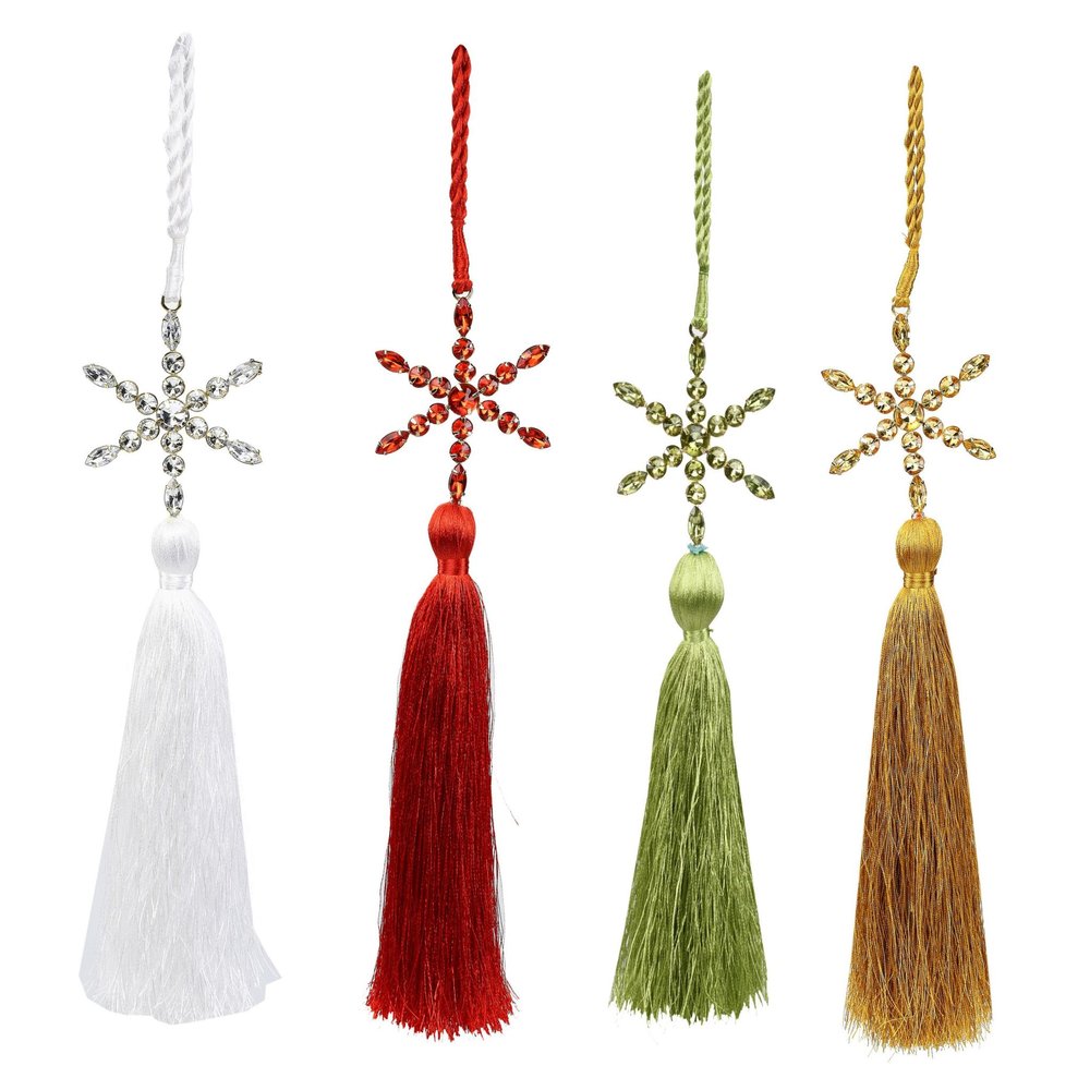Set of Four Handmade Gold Green Red And White Acrylic Tassel Ornament s