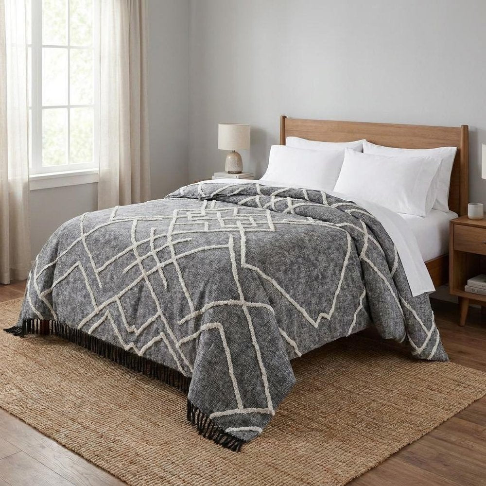 Charcoal and Off White Geometric Twin Cotton Coverlet With Fringe