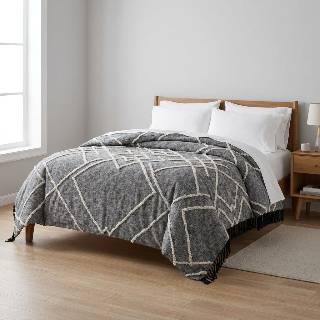 Charcoal and Off White Geometric King Cotton Coverlet With Fringe