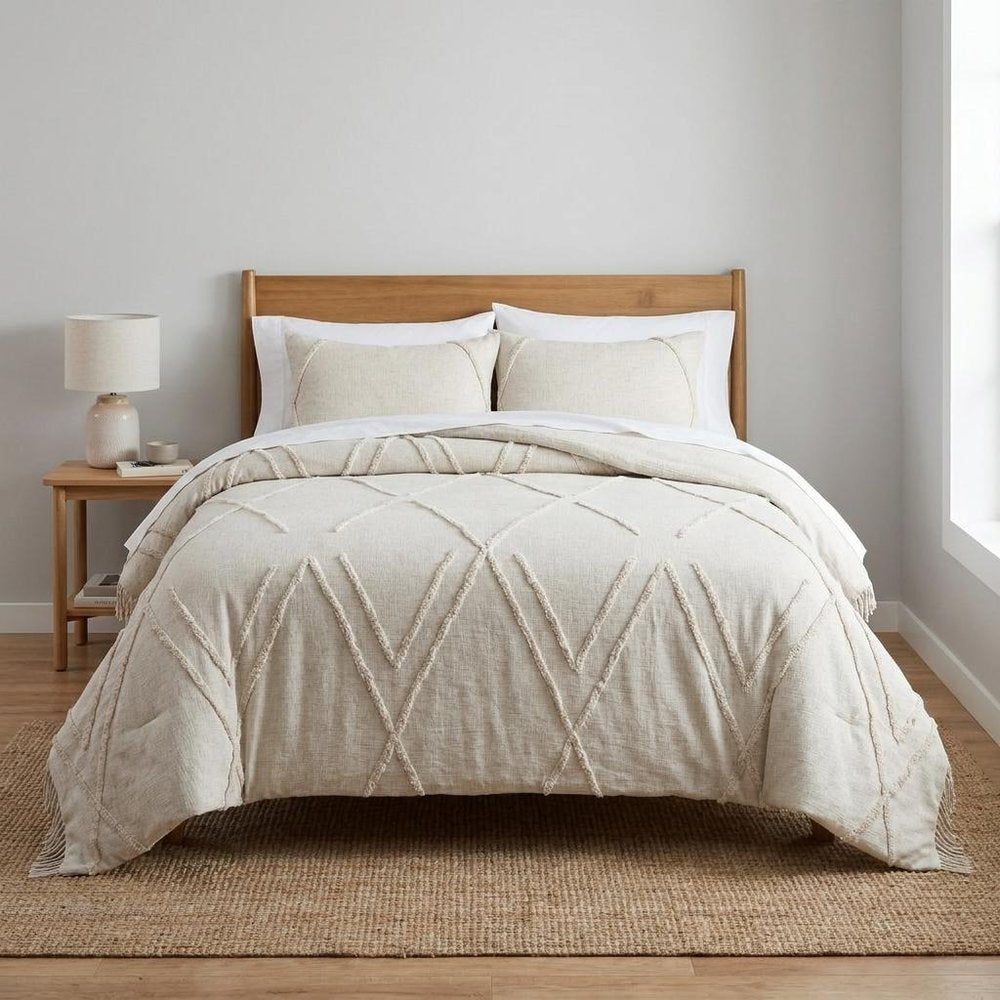 Ivory Geometric Twin Cotton Coverlet With Fringe