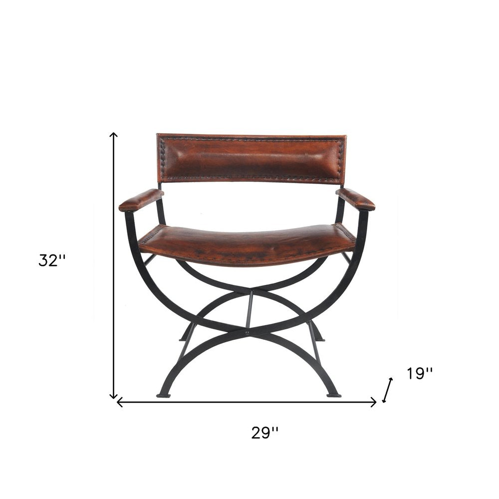 29" Brown and Black Metal And Genuine Leather Director's Chair