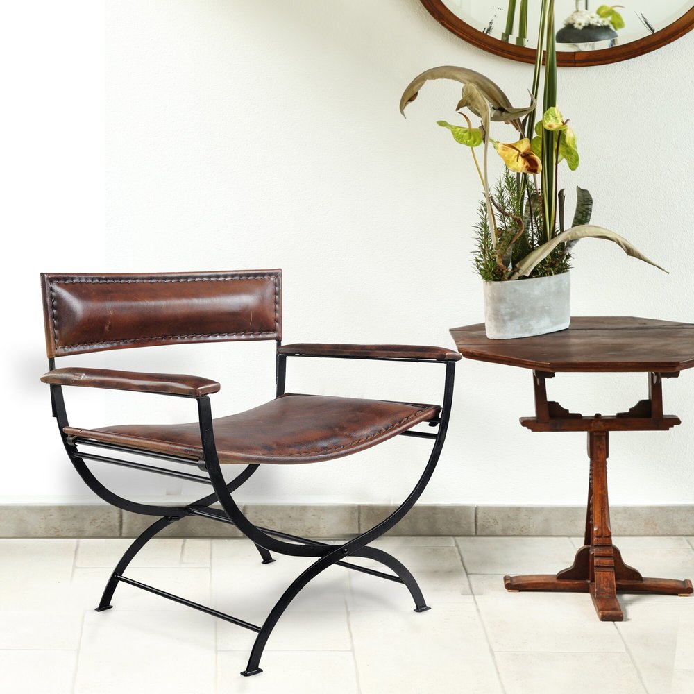 29" Brown and Black Metal And Genuine Leather Director's Chair